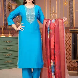 Muhuratam Girls Ethnic Wear Turqouise Colour Sequin Embroidery Silk Kurti Pant Set-picture-28
