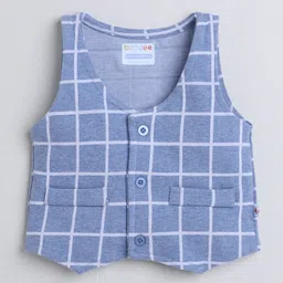 BUMZEE Interlock Knit Full Sleeves Checks 3 Piece Party Suit with Bow Attached- Sky Blue & White image 4