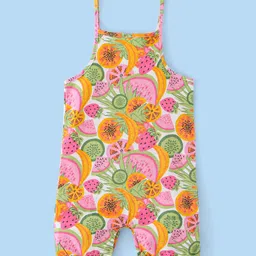Babyhug 100% Cotton Knit Half sleeves Dungarees & Sets Girl With Back Snap Buttons Strawberry Print - White & Pink image 4