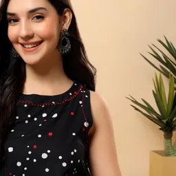 here&now Black Rayon Printed & Hand Embroidery Work Kurta With Trousers Set image 3