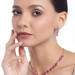 Zaveri Pearls Green & Pink Cubic Zirconia Contemporary Brass Necklace & Earring Set-ZPFK9507-picture-27