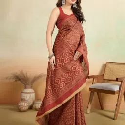 SHANVIKA Rust Cotton Ethnic Motifs Saree Without Blouse Piece image 4
