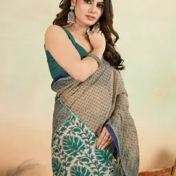 SHANVIKA Brown & Navy Cotton Ethnic Motifs Saree Without Blouse Piece image 5
