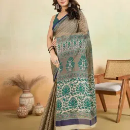 SHANVIKA Brown & Navy Cotton Ethnic Motifs Saree Without Blouse Piece image 3