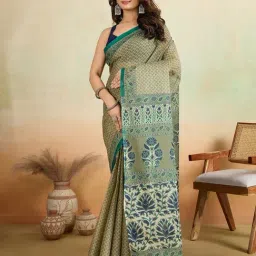 SHANVIKA Brown & Green Cotton Ethnic Motifs Saree Without Blouse Piece image 3