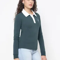 Guess Fabia Organic Cotton Stretch Micro Shadowy Pine Solid Polo Collar Regular Fit T-Shirt image 3