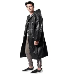 Mens EVA Plain Transparent Rain Coat Hooded Outdoor Water Resistant Portable Raincoat Suit (Black) image 1