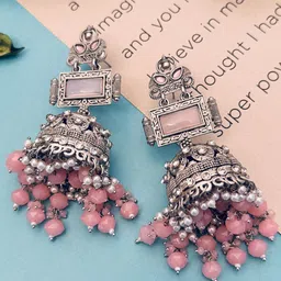 Sangria Silver Plated Stone Studded & Beaded Drop Earrings image 2