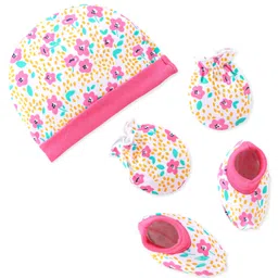Babyhug 100% Cotton Knit Cap Mittens & Booties Set Floral Print- Multicolor-picture-11