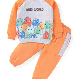 Babyhug Cotton Knit Full Raglan Sleeves T-Shirt & Lounge Pants Set With Dinosaurs Print - Orange & Light Grey-picture-16