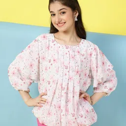 ISHTI Three Fourth Balloon Sleeves Floral Pleated Top - Pink-image-7