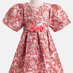 Primo Gino Woven Half Sleeves Jacquard Party Dress With Floral Applique - Coral-image-60