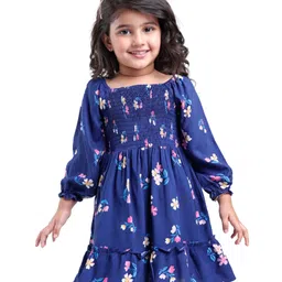 Babyhug Cotton Woven Full Peasant Sleeves Frock with Floral Print & Smocking - Navy Blue-image-31