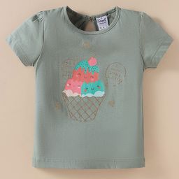 Simply Sinker Knit Half Sleeves T-Shirt with Ice Cream Print & Glitter Detailing - Olive Green-picture-9
