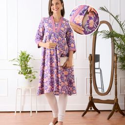 Bella Mama Viscose Woven Three Fourth Sleeves Maternity Kurta With Highlighted Neck & Floral Print - Purple-picture-4