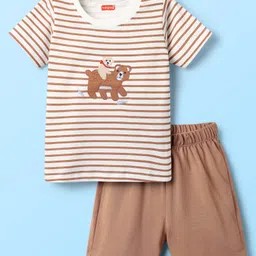 Babyhug Interlock Knit Half Sleeves Striped T-Shirt & Shorts Set With Animal Patch - Brown-picture-23