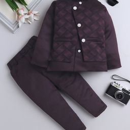 Fourfolds Full Sleeves Geometric Embroidered 3 Piece Part Suit Set - Purple-picture-30