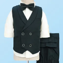 Robo Fry Cotton Woven Full Sleeves Solid Color 3 Piece Party Suit with Bow - Dark Green image 1