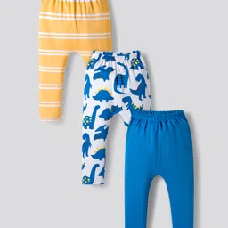 Bonfino 100% Cotton Knit Full Length Diaper Leggings with Stripes & Dino Print Pack of 3 - Yellow Blue & White-picture-14