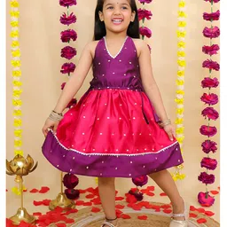 BownBee Woven Sleeveless Geometric Foil Printed Halter Neck Dress - Purple-image-54