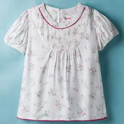 kookie kids india Kookie Kids Cotton Woven Half Sleeves Top with Floral Print Front Neck Pleates & Lace Detailing - White-picture-11
