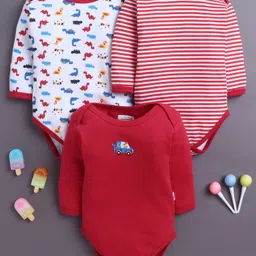 BUMZEE Cotton Knit Full Sleeves Onesies with Stripes & Dino Print Pack of 3 - Red & White-picture-28