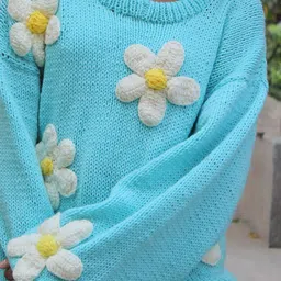 Woonie Handknitted Full Sleeves Floral Applique Detailed Sweater - Blue image 4