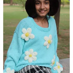Woonie Handknitted Full Sleeves Floral Applique Detailed Sweater - Blue image 5