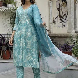 Anouk Women Floral Printed Regular Aari Work Pure Cotton Kurta with Pyjamas & With Dupatta image 2