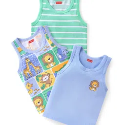 Babyhug 100 % Cotton Knit Sleeveless Sandos with Striped & Animal Print  Pack of 3- Blue & Green-picture-15