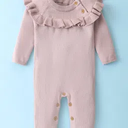 ToffyHouse Cotton Knitted Full Raglan Sleeves Winter Wear Solid Colour Romper with Frill Detailing - Rose Gold-picture-17