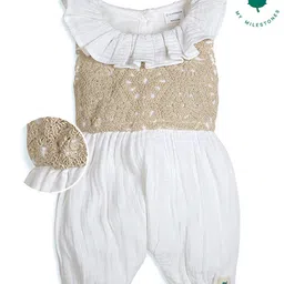 My Milestones 100% Cotton Woven Sleeveless Floral Crochet & Ruffle Detailed Romper - White-picture-14