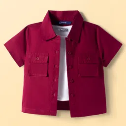 Pine Kids Cotton Woven Half Sleeves Solid Color Shrug with Pockets & Top - Wine & White-picture-19