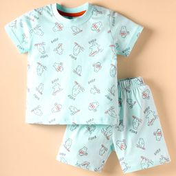 Zero Sinker Knit Half Sleeves Shorts Co-ord Night Suit with Surf Board Print - Light Blue-picture-44