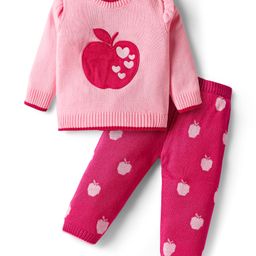Babyhug Knit Full Sleeves Pullover Sweater Set with Apple Design & Patch Detailing - Pink-picture-32