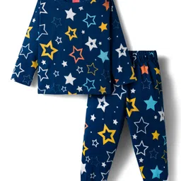 Babyhug Cotton Knit Full Sleeves Co-ords Night Suit With Star Print - Blue-picture-26