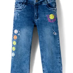 Olio Kids Denim Woven Full Length Jeans with Smiley Prints - Light Blue-picture-28