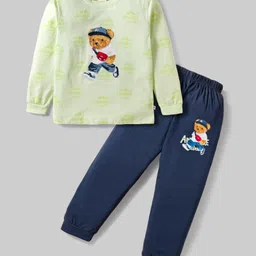 Mini Donuts Single Jersey Knit Full Sleeves T-Shirt & Joggers Set with Teddy Print - Light Green & Navy Blue-picture-28