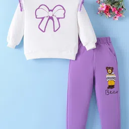 Mark & Mia Cotton Full Sleeves Winter Wear T-Shirt & Joggers Set with Bow Print - White & Purple-picture-25