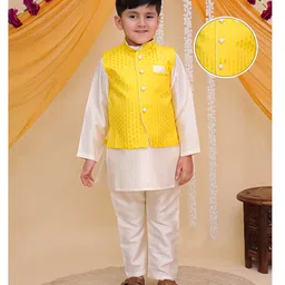 AJ Dezines Cotton Woven Full Sleeves Solid Kurta Pyjama With Floral Motif Foil Printed Jacket Set - Yellow-picture-21
