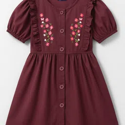 Pine Kids Cotton Woven Half Puffed Sleeves Frock With Floral Embroidery - Wine-picture-21