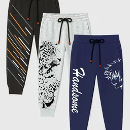 KUCHIPOO Cotton Knit Pack Of 3 Cheetah & Typography Printed Track Pants - Black Grey & Navy Blue-picture-15