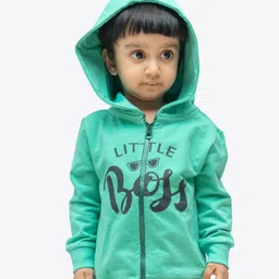 Ariel Cotton Knit Full Sleeves Little Boss Text Printed Hooded Jacket - Green-picture-28