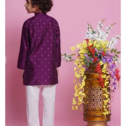 Little Bansi Cotton Silk Full Sleeves Foil Printed Kurta With Pyjama - Royal Purple image 3