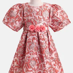 Primo Gino Woven Half Sleeves Jacquard Party Dress With Floral Applique - Coral image 2