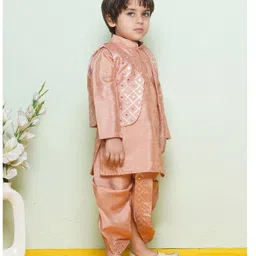 AJ Dezines Pure Cotton Full Sleeves Solid Kurta & Dhoti With Mirror Work Embellished Jacket - Peach image 4