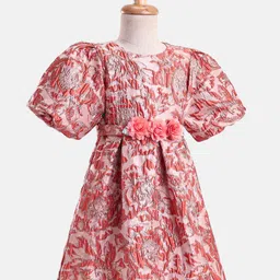 Primo Gino Woven Half Sleeves Jacquard Party Dress With Floral Applique - Coral image 3