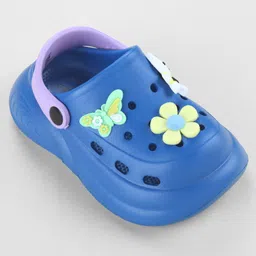 Cute Walk By Babyhug Backstrap Closure Clogs With Floral Butterfly & Kitty Applique - Blue & Purple image 3