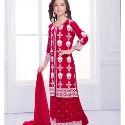 Ministitch Georgette Woven Three Fourth Sleeves Floral Embroidered Mirror Work Detailed Kurti & Palazzo With Dupatta Set - Red image 4