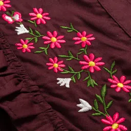 Pine Kids Cotton Woven Half Puffed Sleeves Frock With Floral Embroidery - Wine image 3